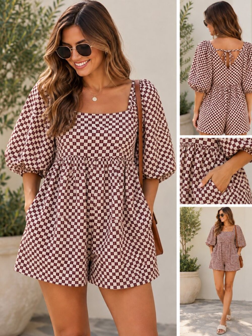 Abercrombie & Fitch Checkered Puff Sleeve Romper Size XS Burgundy Cream EUC